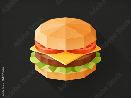 Modern low-poly hamburger illustration showcasing a geometrically stylized bun, patty, cheese, lettuce, and tomato, presented as a crisp digital icon on a dark background