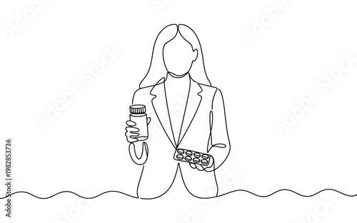 A minimalist line drawing of a woman holding pills and a bottle