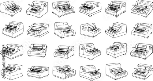 Vintage Office Writing Technology Line Art Vector Collection of Retro Typewriters. Black and White Hand-Drawn Outline Sketch Illustrations of Old Antique Typing Machines for Communication.