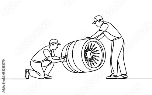 Two mechanics working together to repair a large airplane engine in a workshop