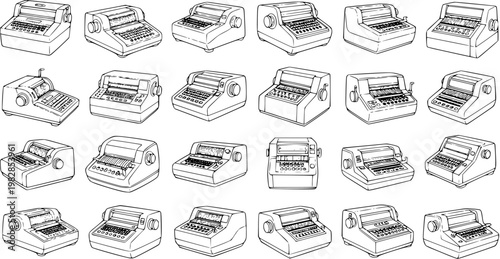 Black and White Line Art Vector Illustration of various vintage teleprinters and teletype machines, depicting retro communication and office technology.