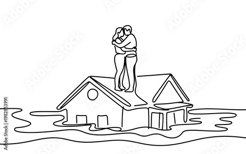 A couple embracing on the roof of their partially flooded home in a peaceful scene