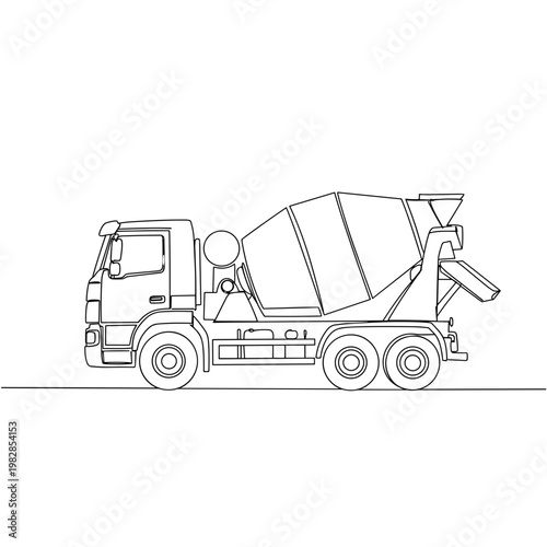 Line art icon of a cement mixer truck in minimalist design style representing construction machinery
