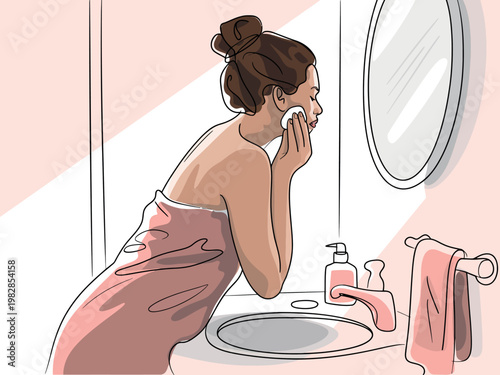 A woman in a pink towel washing her face in a modern bathroom sink