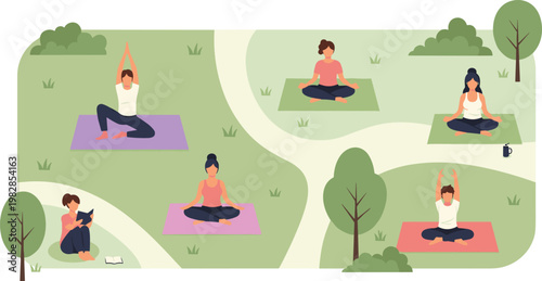 Flat Design Yoga and Meditation Icons Set Featuring People Practicing Yoga Outdoors in a Green Environment