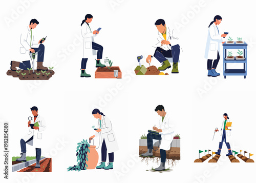 Illustrations of agricultural scientists and agronomists conducting research, soil testing, and plant analysis using modern technology and tools.