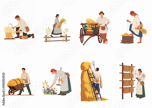 Set of illustrations depicting traditional agricultural harvest activities with farmers working in wheat fields using manual tools.