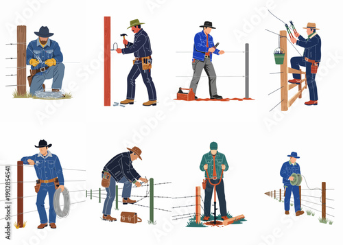 Obraz na plátně Set of illustrations depicting workers and ranchers installing, repairing, and maintaining barbed wire fences on a farm or ranch