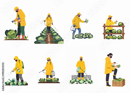 Set of illustrations featuring farmers in protective gear spraying cabbage crops with pesticides and fertilizers in various farming scenarios.