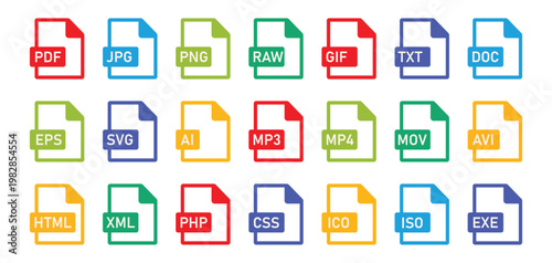 Set of file formats icons template. Colorful document icons representing various file. vector illustration.
