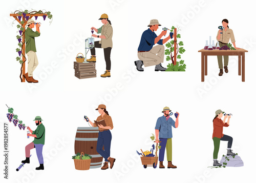 Collection of vineyard workers and scientists performing quality control, grape testing, and agricultural research for wine production.