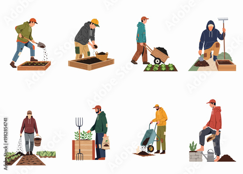 A set of illustrations showing a man performing various gardening tasks like planting, digging, and fertilizing in a home garden or farm setting.