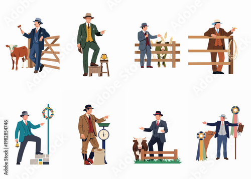Collection of vintage livestock auctioneers and judges in suits and hats with cattle and award ribbons at a country fair.