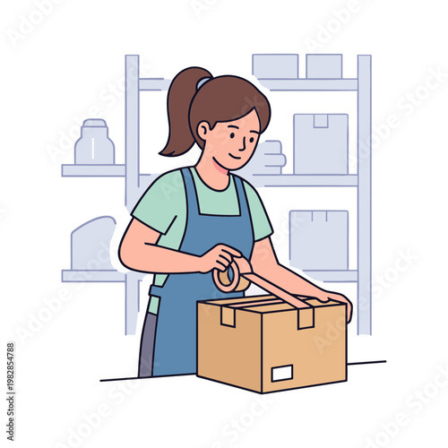 A woman wearing an apron tapes a cardboard box in a warehouse