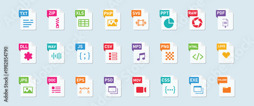 Set of file type icon set.  Popular files format and document. Web file labels icon set. Vector illustration.