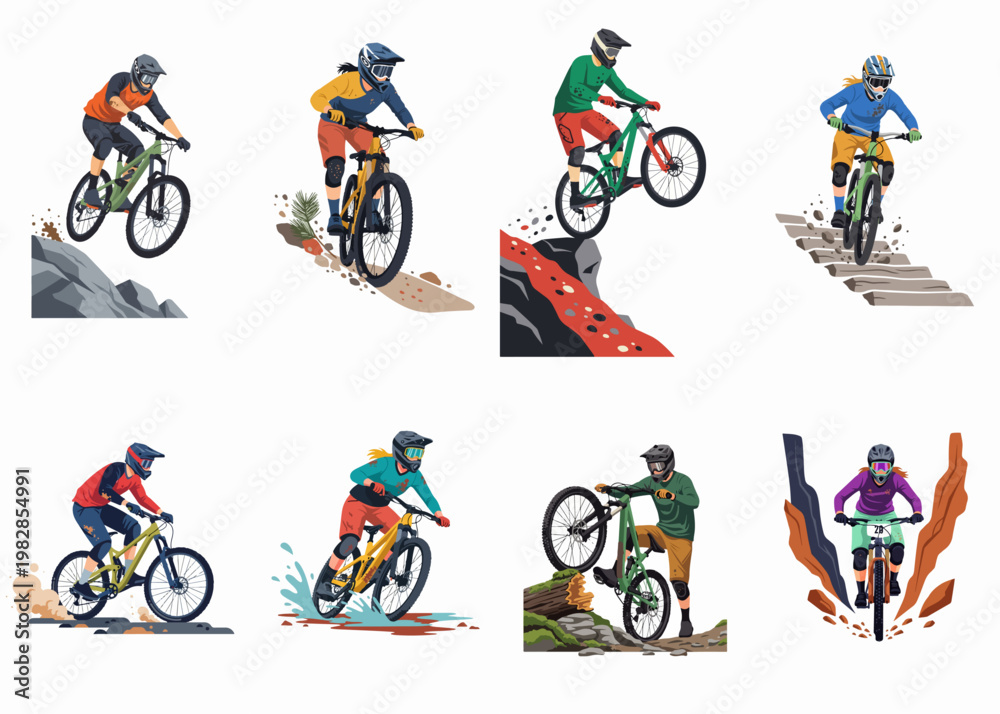 Obraz premium A collection of eight dynamic vector illustrations featuring mountain bikers jumping, riding through mud, descending rocks, and navigating diverse trails.