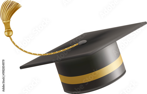 Graduates celebration. Flying black graduate hat with golden tassels. Set of 3d square academic caps from different angles. Vector illustration isolated on white background.