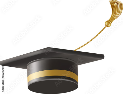 Graduates celebration. Flying black graduate hat with golden tassels. Set of 3d square academic caps from different angles. Vector illustration isolated on white background.