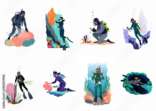 Foto Collection of flat illustrations showing scuba divers conducting scientific research, underwater photography, and exploration among coral reefs and marine life