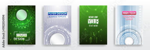 Set of modern high-tech brochure and flyer templates with futuristic HUD elements, gears, and digital patterns, ideal for business, technology, and corporate design projects.