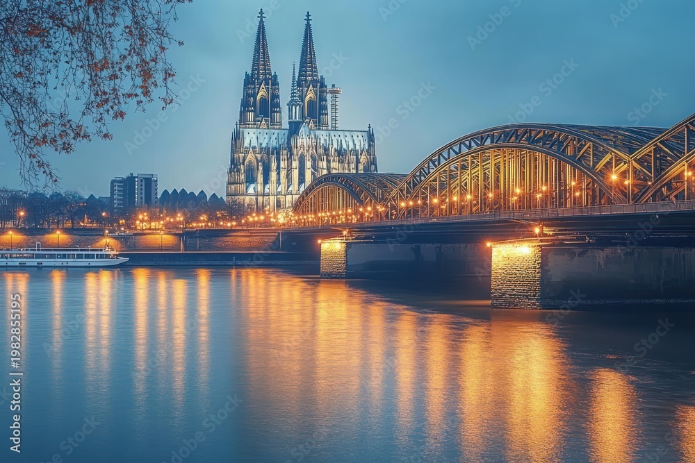 Fototapeta premium Majestic gothic cathedral with twin spires beside an illuminated arched steel bridge at dusk, golden lights reflecting on a calm river, serene evening cityscape