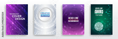 Collection of futuristic technology cover templates with HUD interfaces, neon gradients, and digital patterns, perfect for business, marketing, and modern corporate designs.
