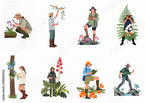Illustration set of botanists and nature enthusiasts studying, photographing, and documenting various orchid species in a tropical forest environment.
