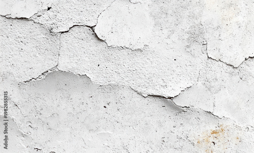 Obraz premium Weathered white plaster wall with peeling paint, visible cracks and a small rust stain conveying quiet decay