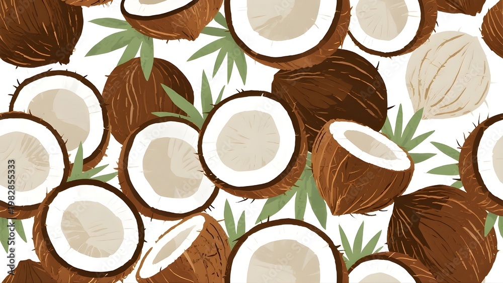 A seamless tropical pattern illustration featuring whole and halved coconuts with green palm leaves on a clean white background.