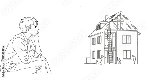 Man contemplates house renovation project with construction drawings illustration