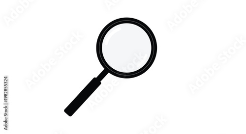 A minimalist black magnifying glass with a polished glass lens rests against a clean white background under bright and even studio lighting conditions.