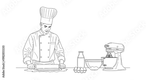 Chef rolling dough with kitchen appliances illustration