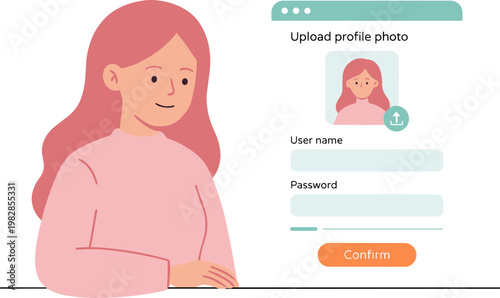 Woman uploads profile photo on computer screen with login form