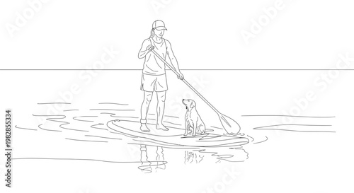 Woman and dog paddle boarding on calm water illustration