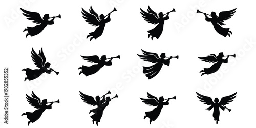 Christmas angel silhouettes with trumpets, set of 12 flying heavenly messengers, black religious vector icons for holiday cards and church decor