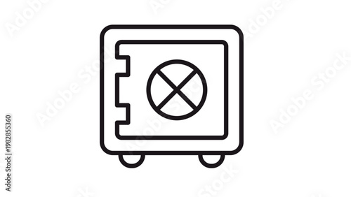 Minimalist black line vector icon of a secure metal safe or bank vault with a combination lock wheel and hinges, isolated on white for finance, security, and wealth protection illustrations.