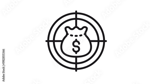 Vector icon illustration of a money bag with a dollar sign centered in a target crosshair, symbolizing financial goals, investment targeting, business strategy, profit focus, and success.