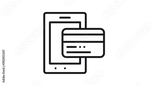 Black line art vector icon illustration of a smartphone with a credit card, symbolizing mobile payment, digital wallet, online shopping, fintech transactions, and electronic banking services.