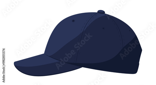 A dark navy blue baseball cap is displayed from a side profile perspective emphasizing the structured crown and long curved brim under soft lighting.