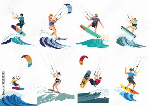 Flat illustration set of various people kitesurfing and kiteboarding on ocean waves, performing extreme water sports tricks.