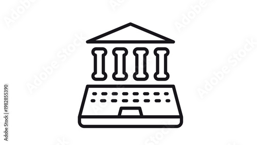 Online banking and digital finance vector icon illustration featuring a classic bank building with columns and a triangular roof integrated with a laptop keyboard for electronic services.