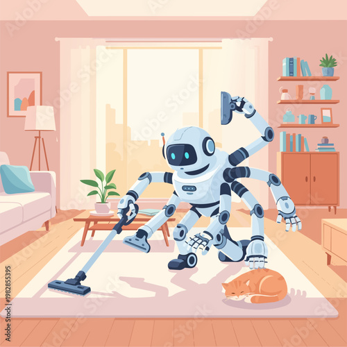 A cheerful, multi-armed domestic service robot efficiently vacuuming a modern living room carpet, dodging a sleeping cat. Bright flat vector style, pastel color palette, soft clean lines, 