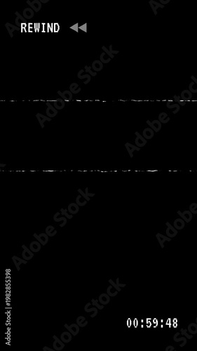 Vertical Old Damaged VHS Tape Rewind Glitch Overlay with Alpha Channel, Distorted Signal, Static Noise, and Tape Artifacts