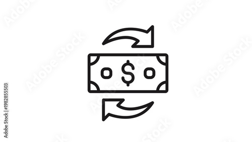 Minimalist black line vector icon of a dollar banknote with circular arrows, representing money exchange, currency conversion, cash flow, financial transaction, refund, or payment processing.