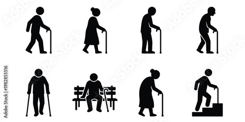 Elderly people silhouette icons set, senior citizens with walking sticks and canes, set of 8 vector pictograms for healthcare and aging