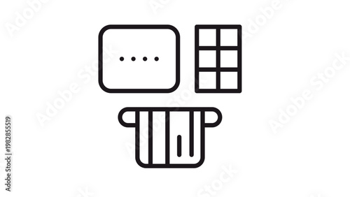 Vector icon illustration of an ATM machine interface with a credit card being inserted into a reader slot, a digital screen for PIN entry, and a numeric keypad for secure banking transactions.