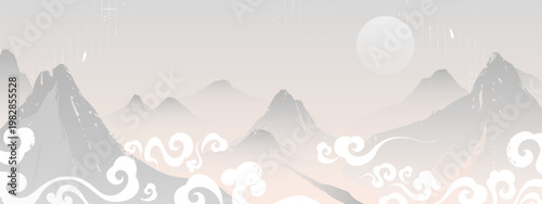 Abstract mountain landscape in traditional Japanese watercolor style with misty peaks, pastel vector background. Oriental peaceful Asian nature, chinese scenery with clouds and sunrise