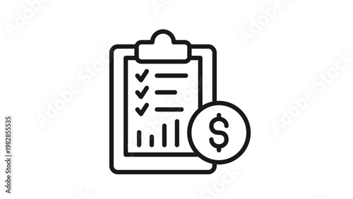 Financial report vector icon illustration featuring a clipboard with a checklist, bar chart, and dollar sign coin, representing business planning, budgeting, and accounting analysis.