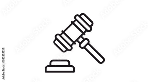 Minimalist black line art vector icon illustration of a judge's gavel and sound block, representing law, justice, court proceedings, legal authority, and auction hammer on a white background.