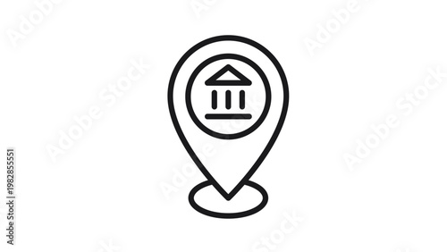 Black vector icon of a map pin location marker containing a classical building symbol representing a bank, museum, or government office, minimalist line art illustration on white background.